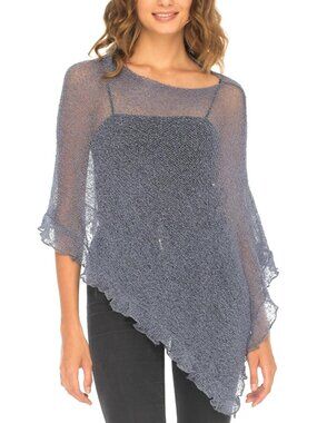 Women’s Grey Sheer Knit Poncho Shrug Lightweight Asymmetrical Ruffle Wraps